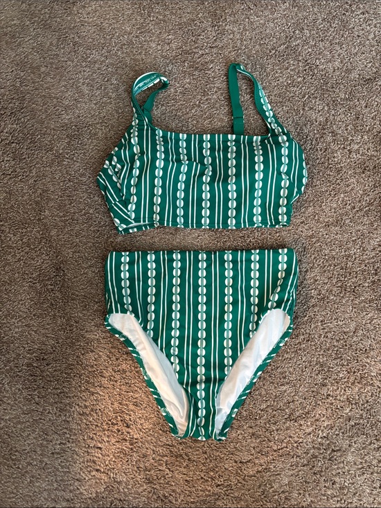Kona Sol Other - Kona Sol Green and White Striped High-Waist Bikini